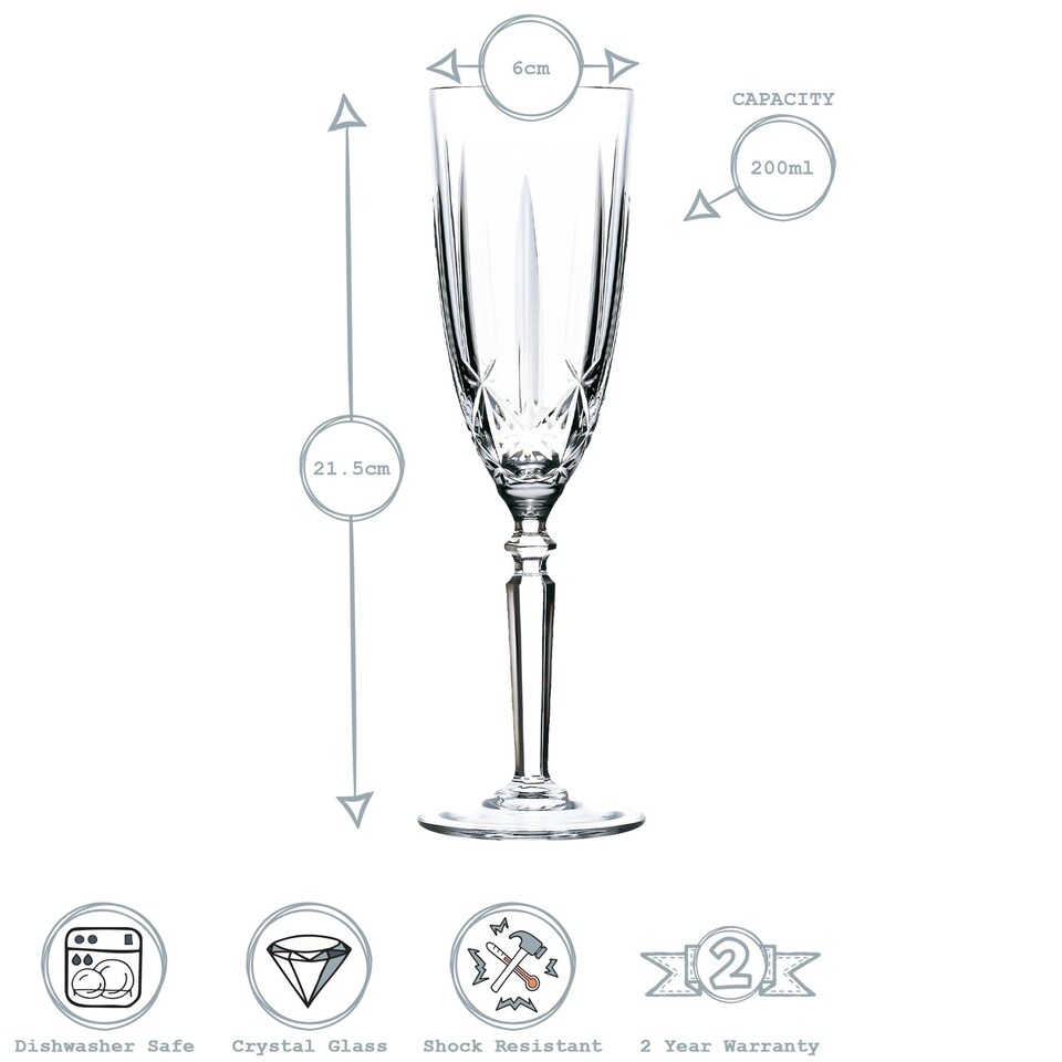 image 1 of RCR Crystal Orchestra Cut Glass Champagne Flutes Glasses Set - 200ml - Pack of 6