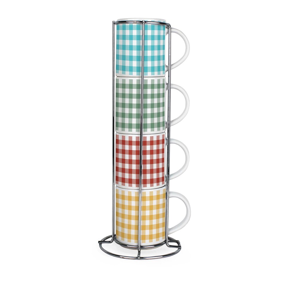 image 1 of Gingham Check Stacking Mugs Set - Colourful Set of 4 Ceramic Mugs Gift Set with Metal Stand | White