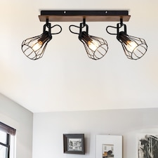 COSYLYTE Kendan 3 Light Matt Black Wire Shade Spotlight with Wooden Backplate | Black | Walnut wood | 1