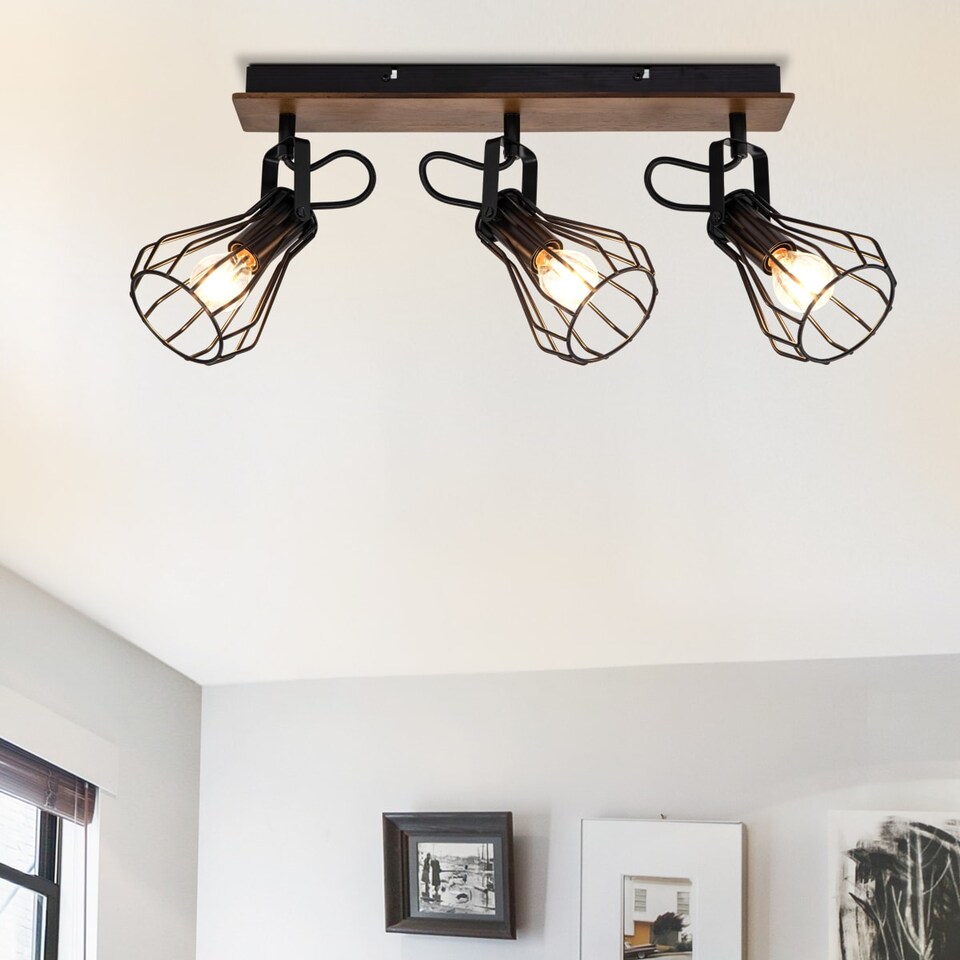image 1 of COSYLYTE Kendan 3 Light Matt Black Wire Shade Spotlight with Wooden Backplate | Black | Walnut wood | 1
