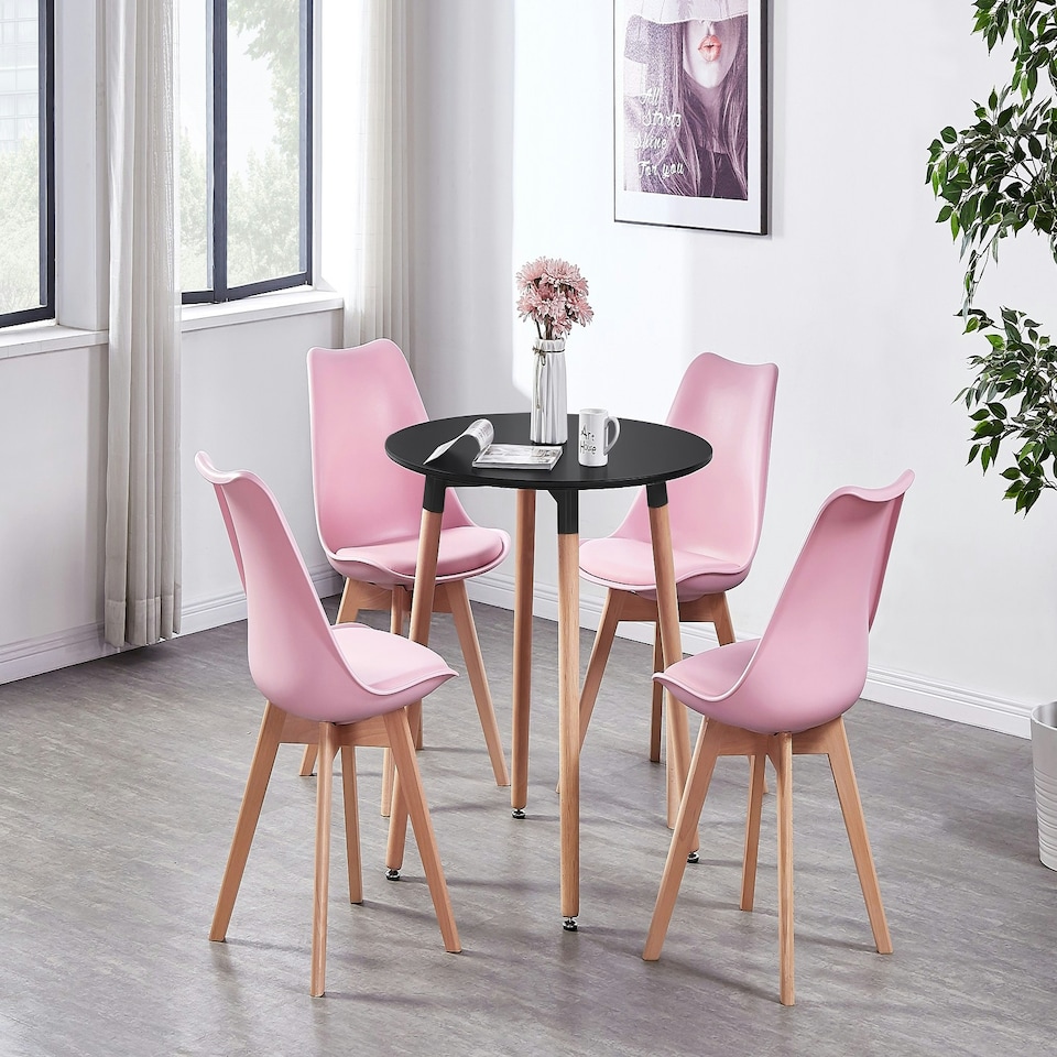 image 1 of 5PCs Dining Set - a Black Round Dining Table & Set of 4 White Lorenzo Tulip chairs with Padded Seat | Pink