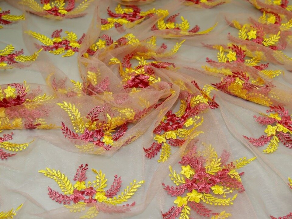 Yellow Embroidered Lace Tulle Fabric for Bridal, Dressmaking, 142.5cm / 56" Wide - per metre
