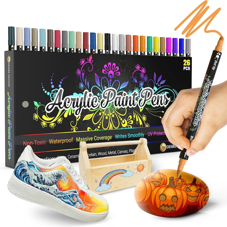 image 1 of Desire Deluxe Acrylic Paint Pens for Rock Painting, Stone, Ceramic, Glass, Wood, Canvas – Set of 26 Non Toxic Water Based Markers - Great Artists Painting Supplies