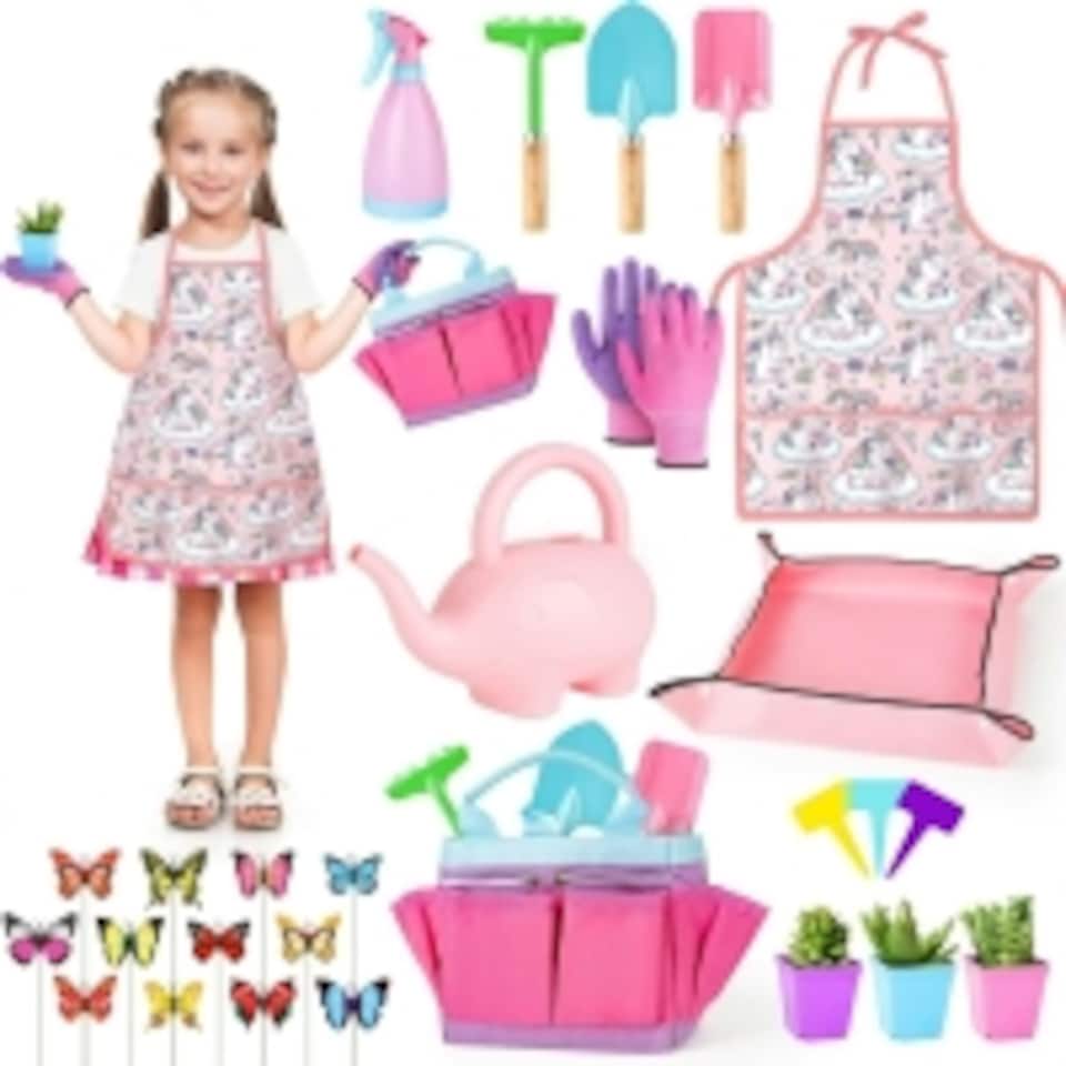 image 1 of Kids Gardening Tool Set – Toddler Garden Toys with Apron, Shovel, Gloves, Watering Can, Tote & Accessories – Outdoor Educational Gift for Boys & Girls