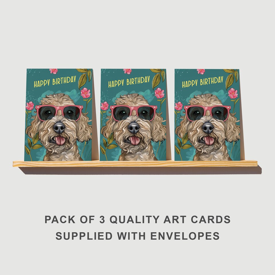 image 1 of Cockapoo Sunglasses Birthday Card Funny Dog Lover Set of 3 Greeting Cards Blank