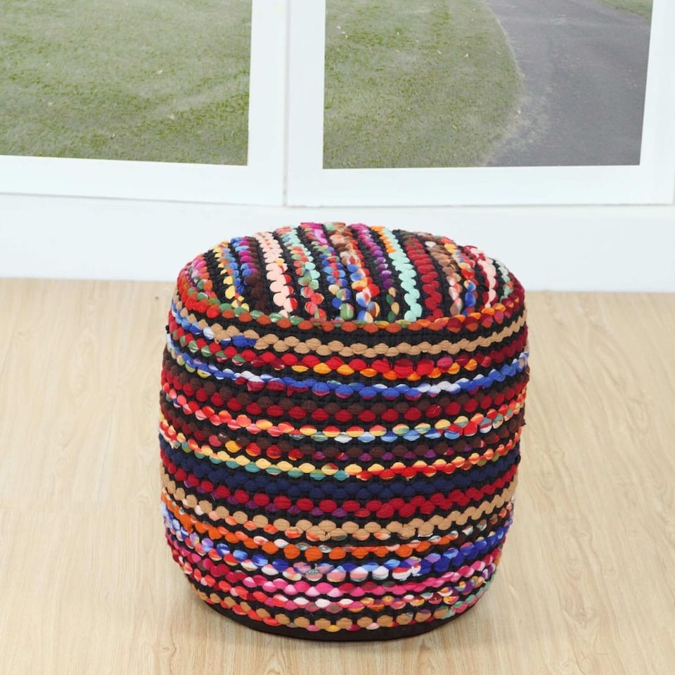 image 1 of Homescapes Multi Coloured Folk Woven Bean Filled Pouffe Circular - 45 cm | Multi | 45 x 40 cm
