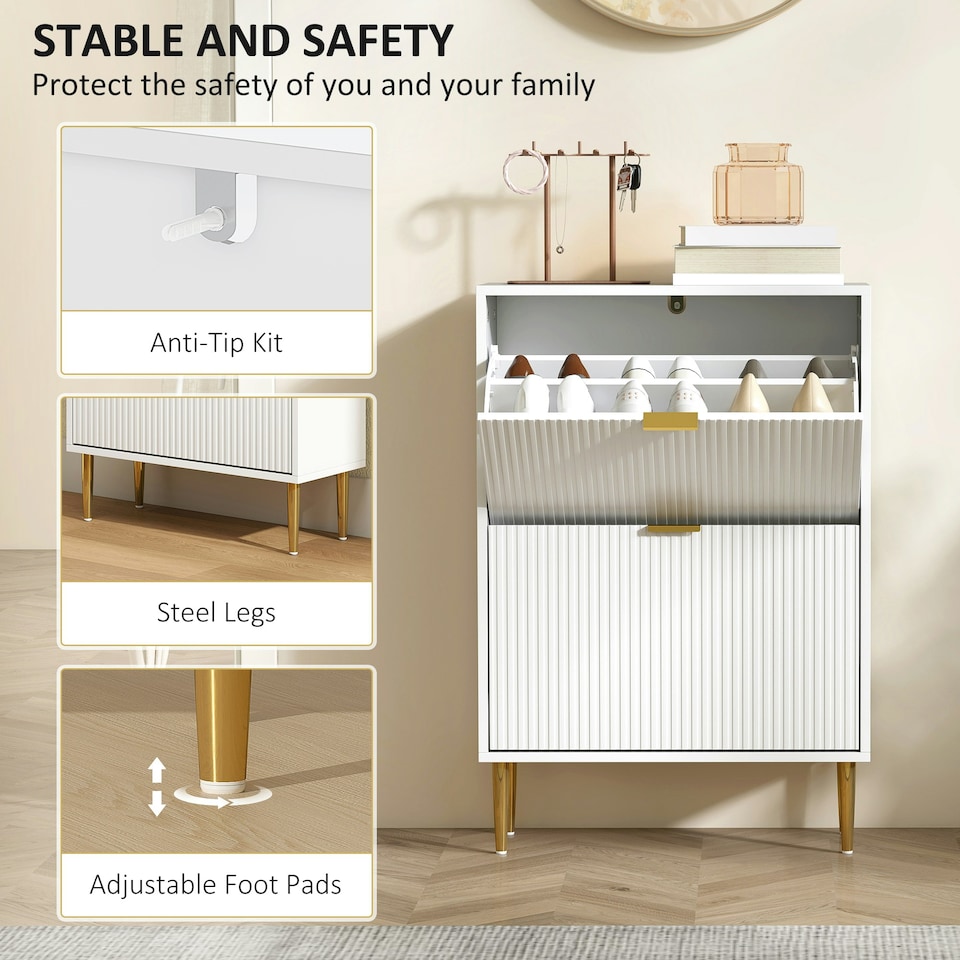image 1 of HOMCOM Slim Shoe Storage Cabinet with 2 Flip Drawers for Hallway White | Gold | 60W x 24D x 91.5H cm