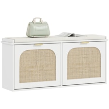 HOMCOM Boho Shoe Bench with Padded Seat and 2 Flip-Drawers, White | White | White