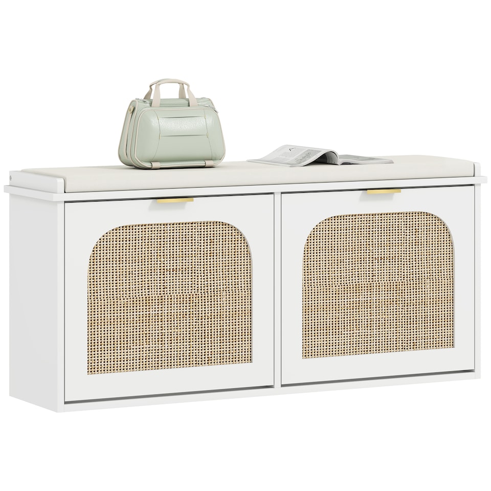 image 1 of HOMCOM Boho Shoe Bench with Padded Seat and 2 Flip-Drawers, White | White | White