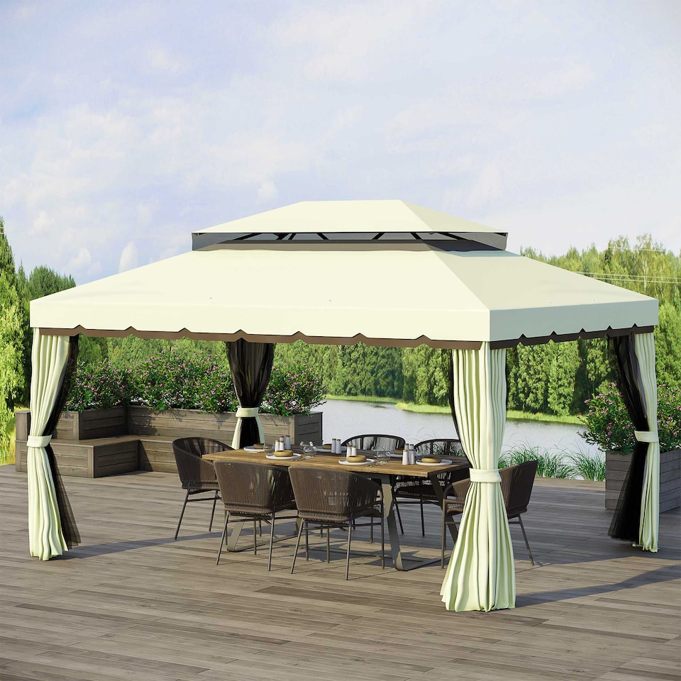 image 1 of Outsunny 4 x 3 m Aluminum Garden Gazebo, Double Roof Outdoor Gazebo Canopy Shelter with Netting & Curtains for Garden, Lawn, Backyard and Deck, Cream