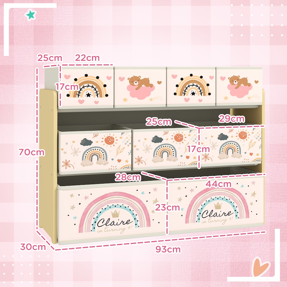 image 1 of AIYAPLAY 3-Tier Toy Organiser Shelf with 9 Storage Boxes for Bedroom Yellow