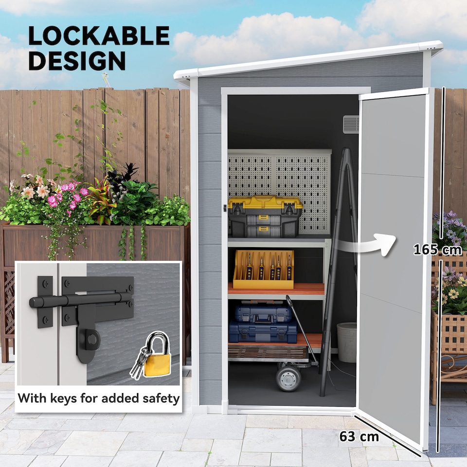 image 1 of Outsunny 4 x 5FT Plastic Garden Shed with Floor, Lean to Outdoor Storage Shed, Lockable Tool Storage House with Window, Vent and Plastic Roof, Grey