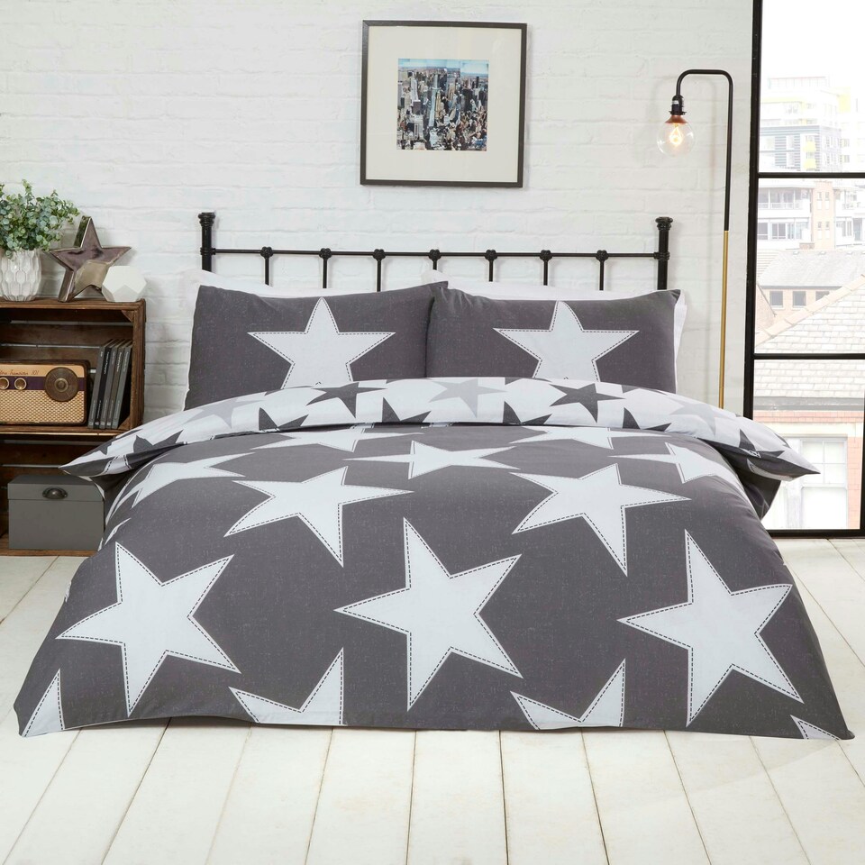 image 1 of All Stars Polycotton Reversible Duvet Set with Pillowcase Grey | Single