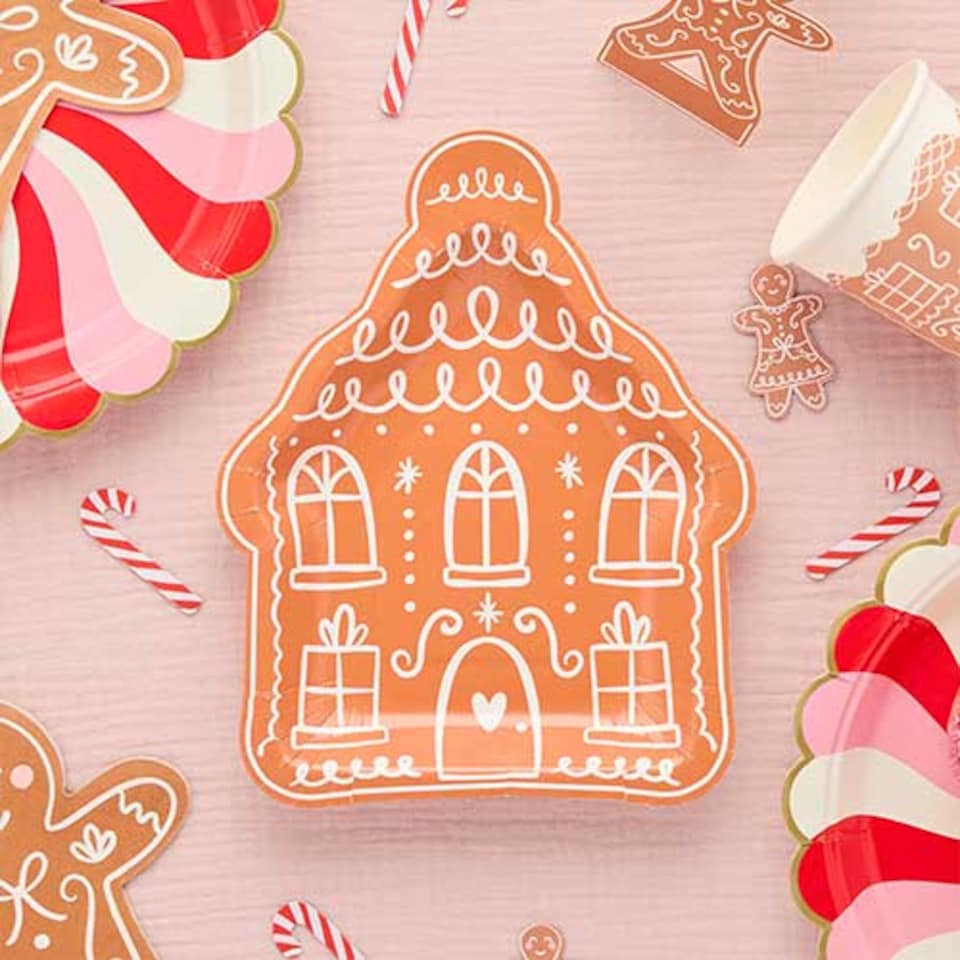 image 1 of Gingerbread House Shaped Christmas Paper Plates 21cm - Pack of 8