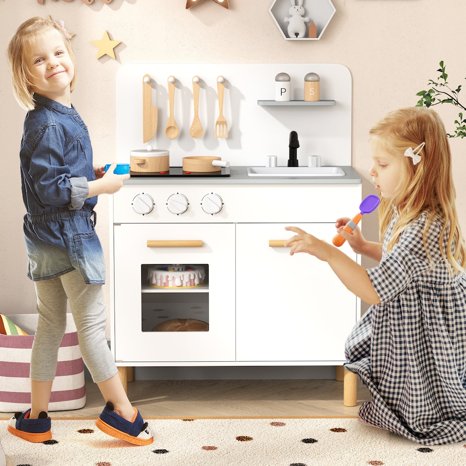 image 1 of COSTWAY Kids Kitchen Playset Toddler Pretend Play Kitchen w/Cooking Sounds-White