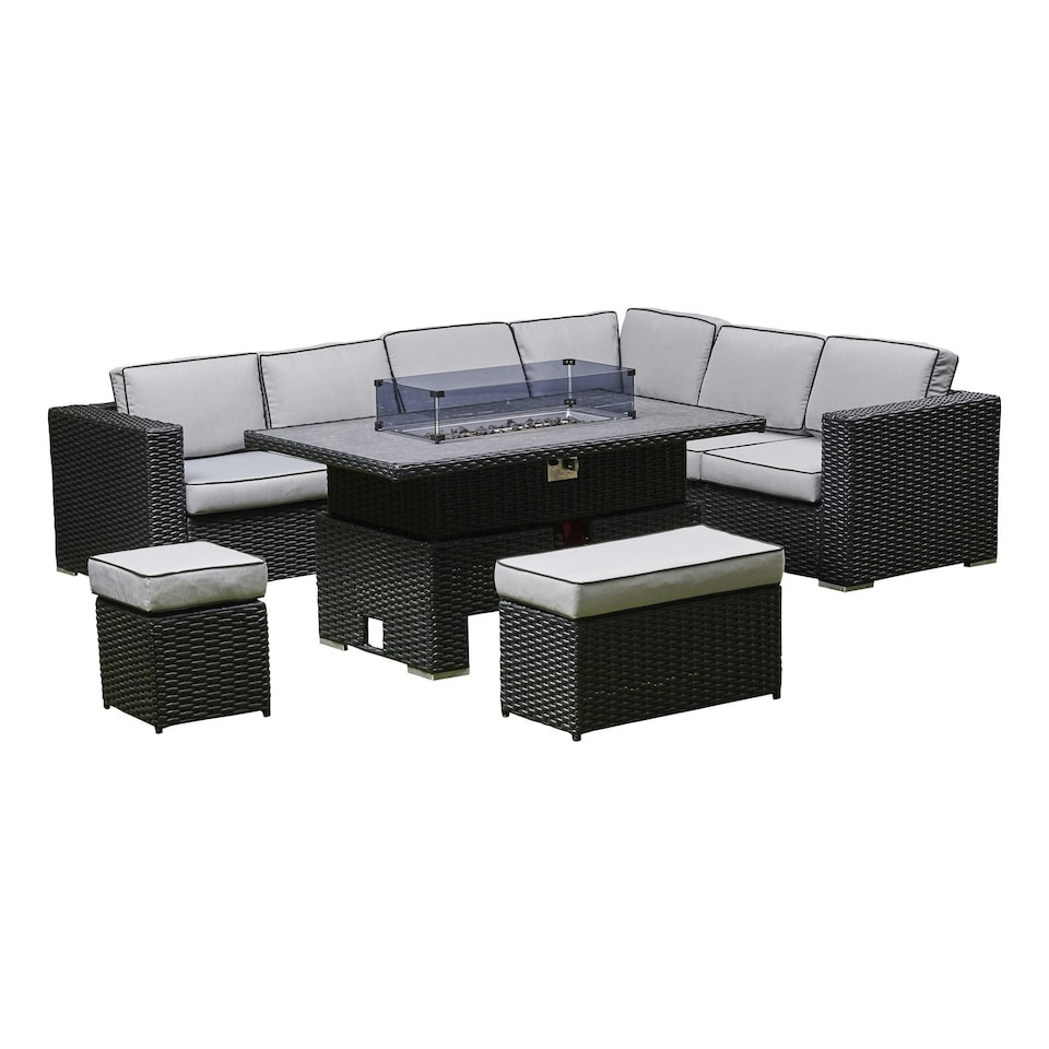 image 1 of DS Living Monica Black Rattan Garden Furniture 6 Seater + Fire Pit