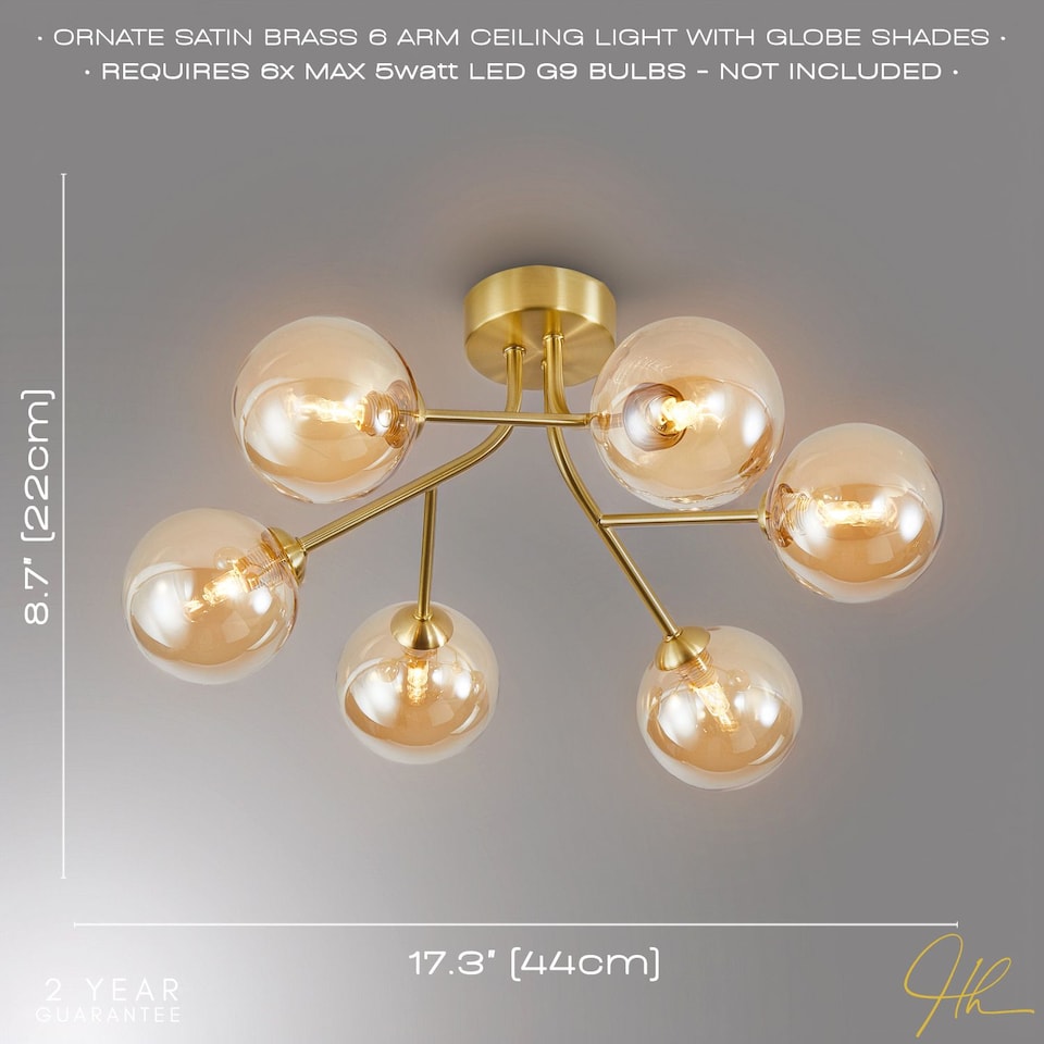 image 1 of Designer Satin Gold 6-Arm Ceiling Light Fixture with Amber Tinted Glass Shades | Gold