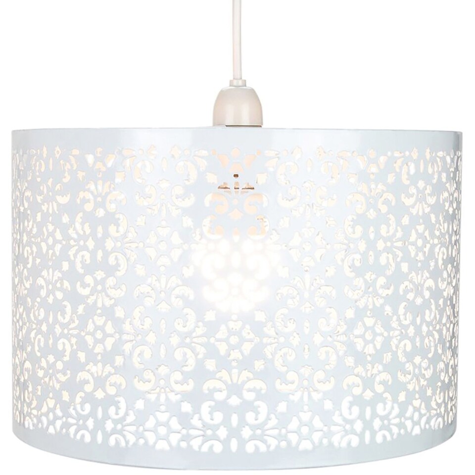 image 1 of Moroccan Designed Large White Metal Pendant Light Shade with Floral Decoration | White | White | 1