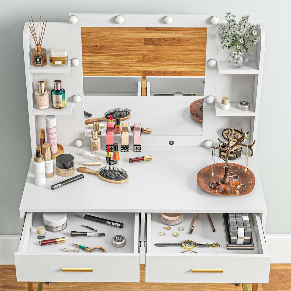 image 1 of HOMCOM Makeup Vanity Desk Set with Lighted Mirror, Stool, Drawers, White