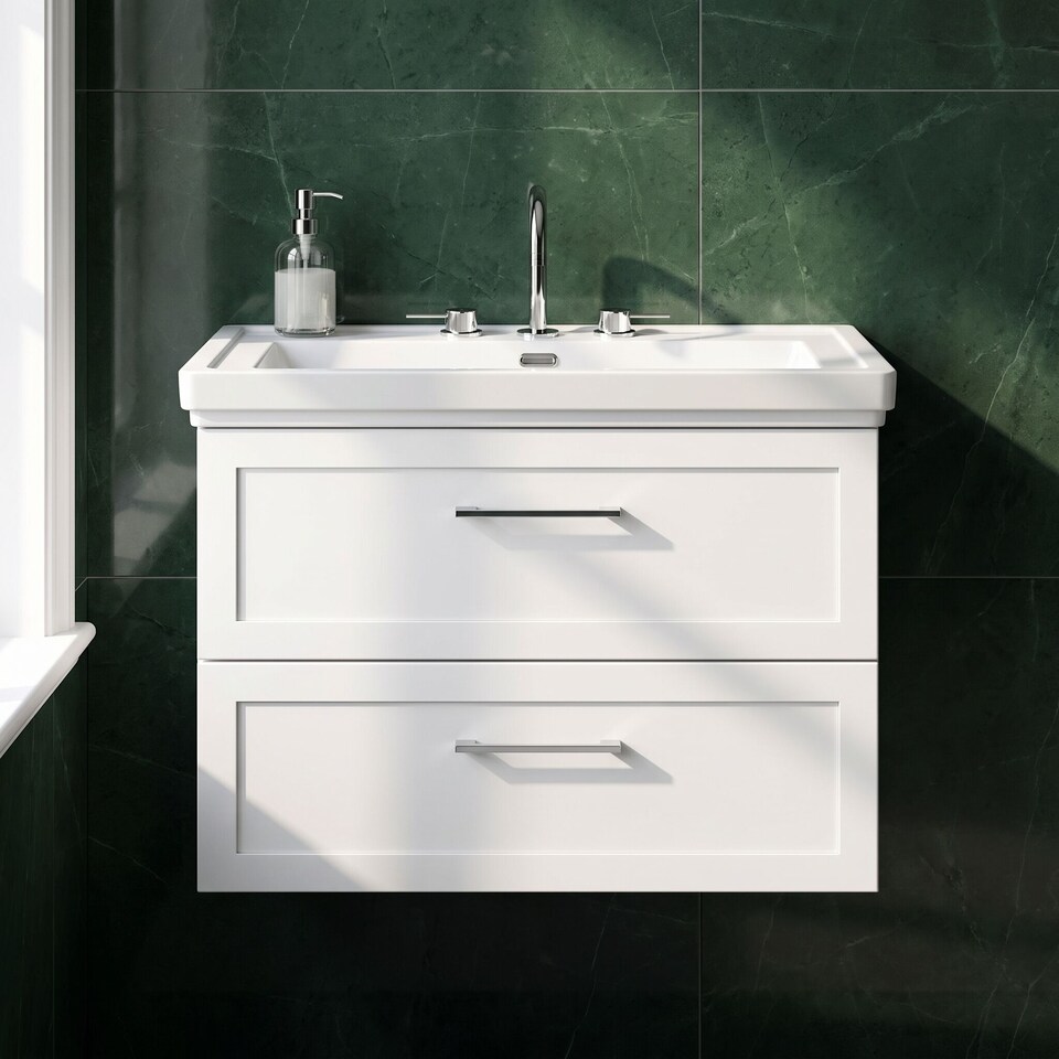image 1 of Balterley Stonnall Traditional Wall Hung 2 Drawers Vanity Unit with Traditional 3 Tap Hole Fireclay Basin, 800mm, Matt White