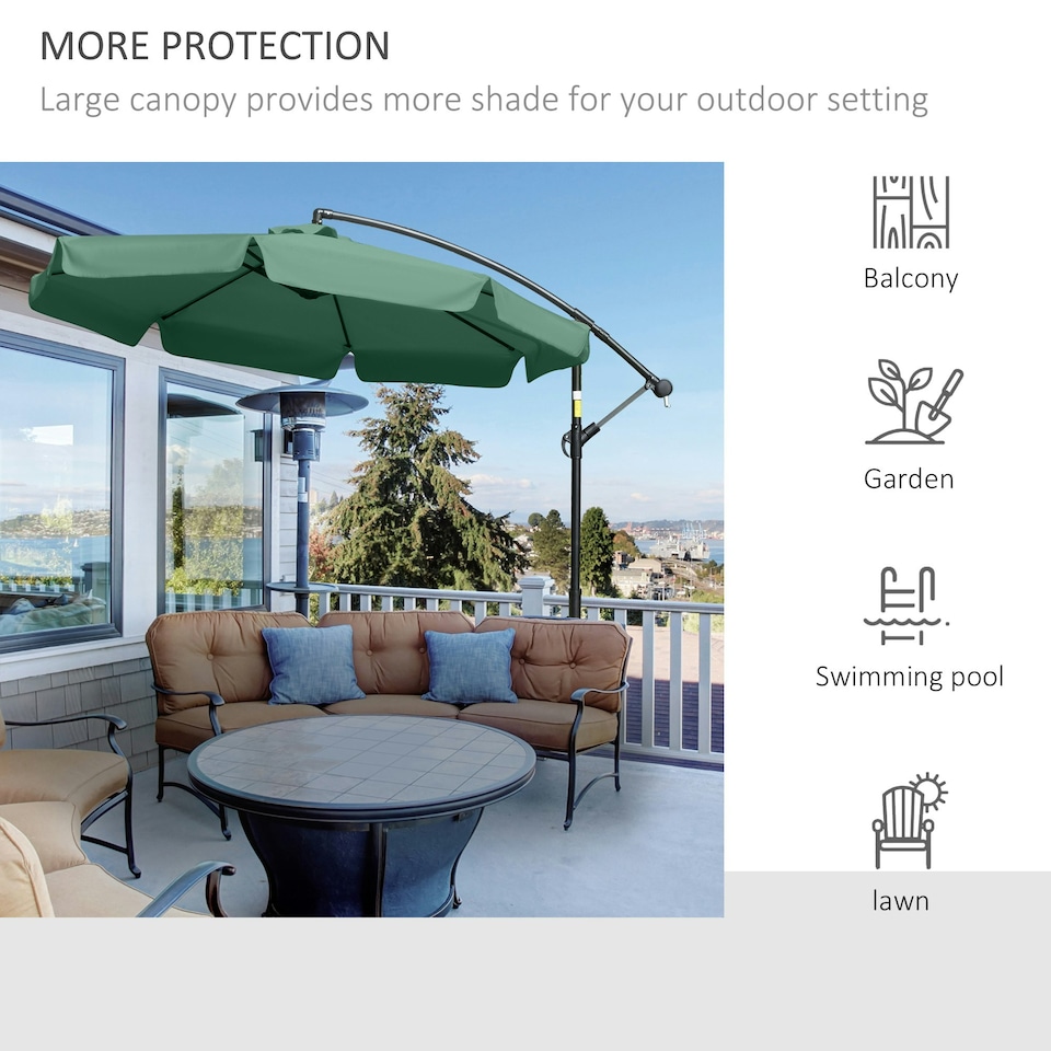 image 1 of Outsunny 2.7m Garden Cantilever Banana Parasol Sun Shade w/ Crank, Green