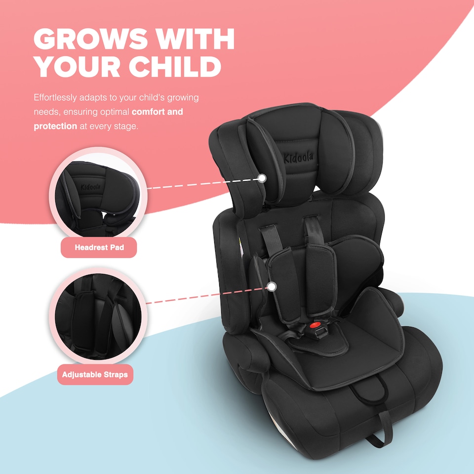 image 1 of Kidoola Adjustable Car Seat, 3 Age Functions, Toddler to 12 Years, Black