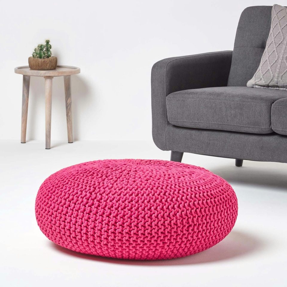 image 1 of Homescapes Hot Pink Large Round Cotton Knitted Pouffe Footstool
