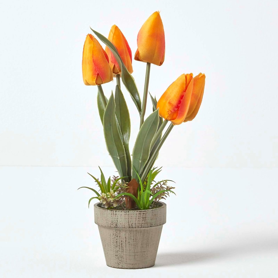 image 1 of Homescapes Orange & Red Artificial Tulips in Grey Decorative Stone Pot, 27 cm