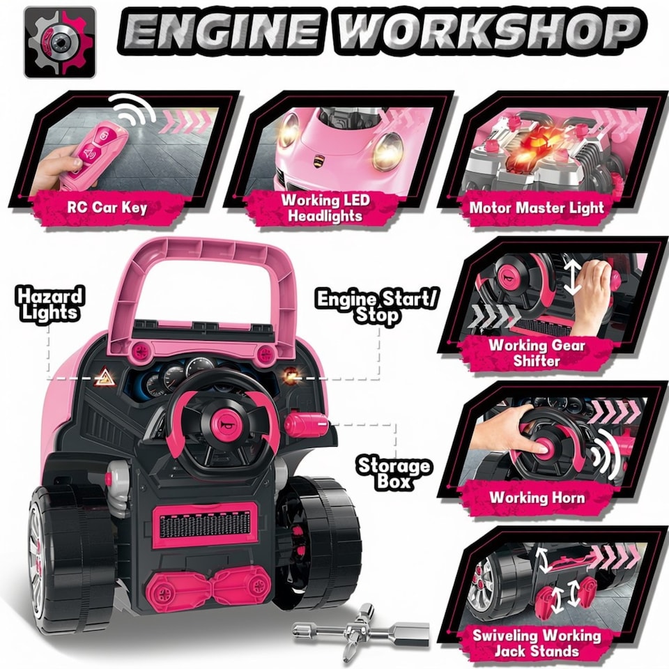 image 1 of Kids Mechanic Truck Disassembly Play Set - Realistic Build and Repair Toy Truck with Remote Key, Tools, Sound & Light Functions, Removable Engine and Push to Drive Feature (Pink), Educational Role Play Gift for Ages 3 plus