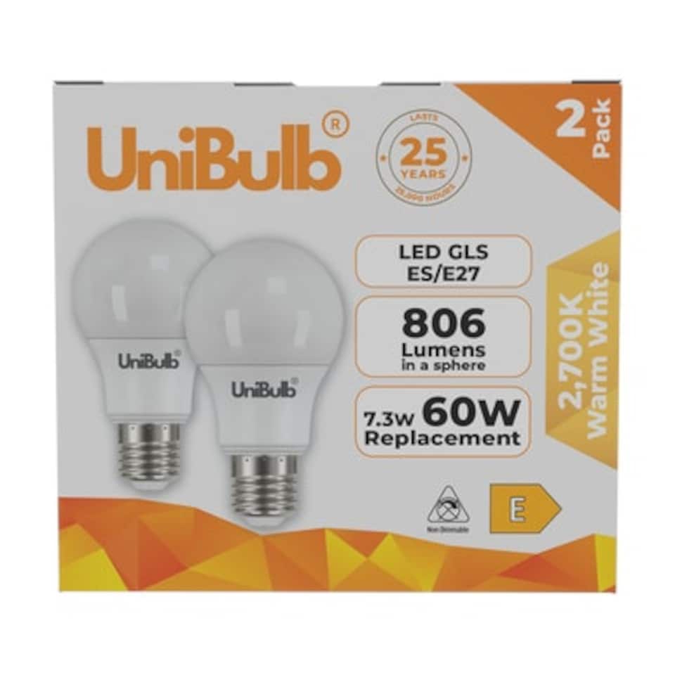 image 1 of UniBulb LED GLS E27 806lm 7.3W 2700K (Warm White) Light Bulb - Pack of 2