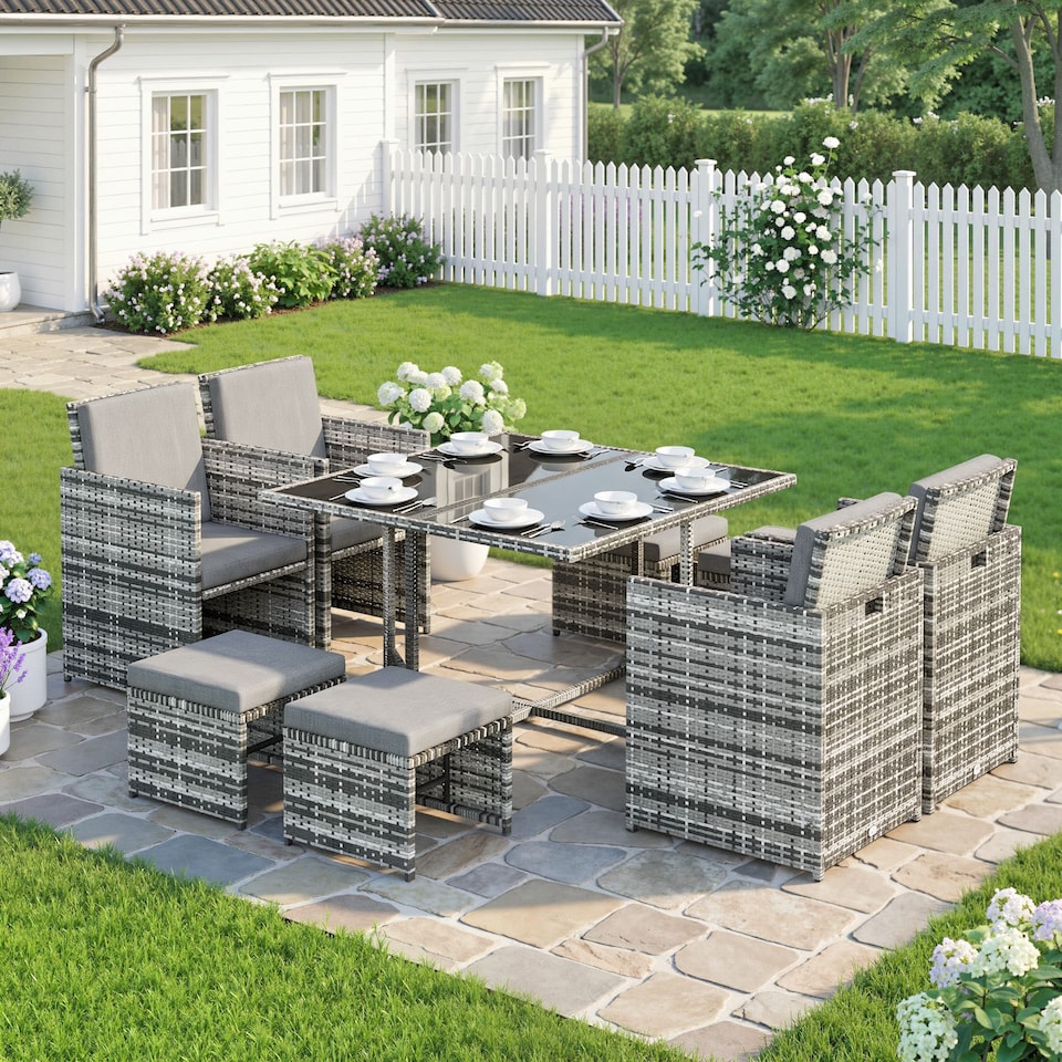 image 1 of Outsunny 8 Seater Cube Rattan Garden Dining Set with Cushions, Grey
