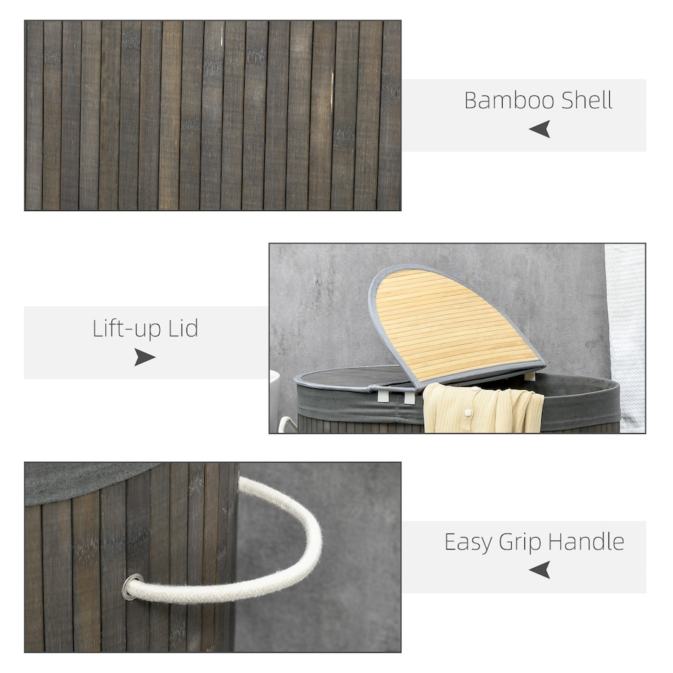 image 1 of HOMCOM Bamboo Laundry Basket with Lid, 100 Litres Laundry Hamper with 2 Sections, Removable Washable Lining, Washing Baskets, 62.5 x 37 x 60.5cm, Grey