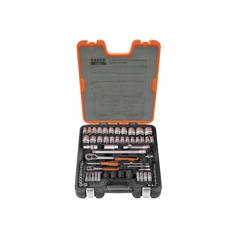 Bahco S800 1/4 & 1/2in Drive Socket Set, 77 Piece | Multi | Multi Colour | One Size | 1