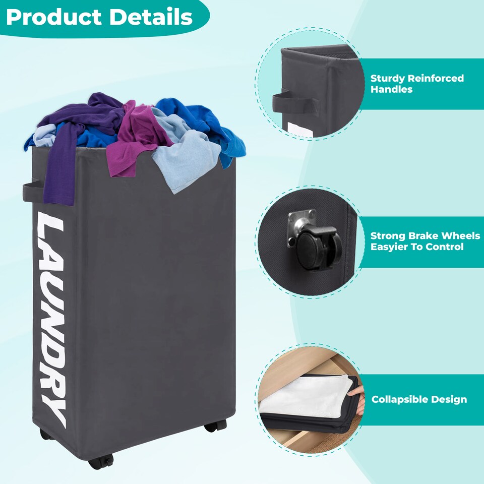 image 1 of 38L Slim Laundry Basket with Wheels, Rolling Laundry Hamper with Storage Bin