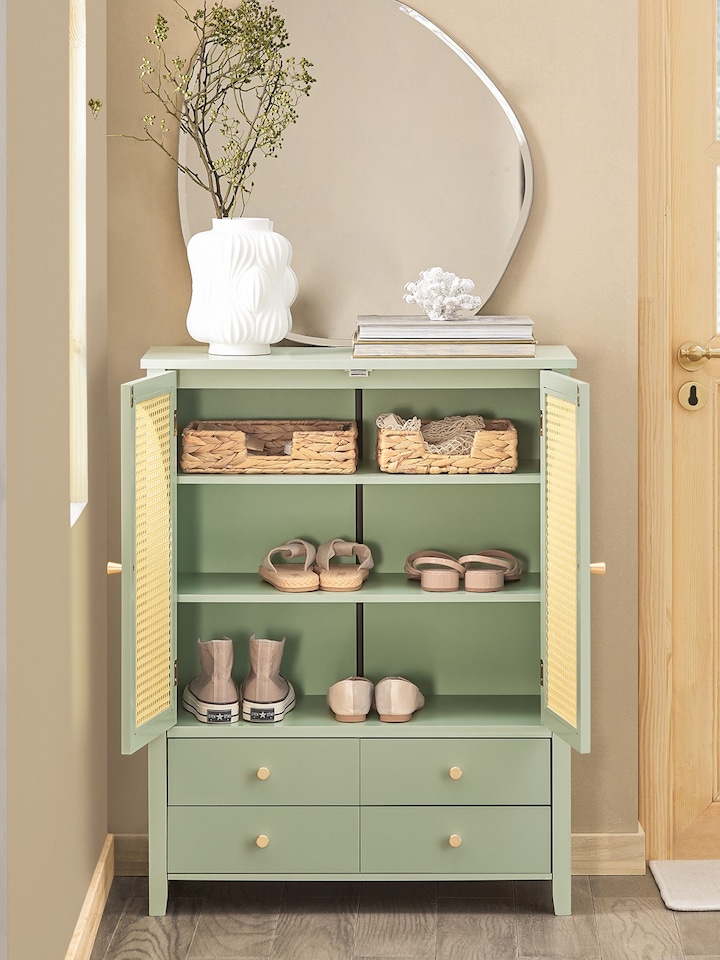 image 1 of SoBuy Sideboard Storage Cabinet with 4 Drawers & 2 Rattan Doors, Green, 27.6x13.4x35.4 inches, 26.6 kg - FSB72-GR