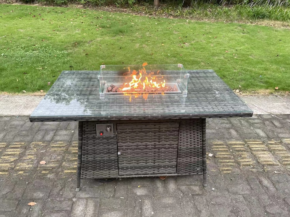 image 1 of Fimous 8 Seater Outdoor Rattan Garden Furniture Sofa Set Gas Fire Pit Dining Table Gas Heater Burner With 3 Seater Sofa 2 Big Footstools Dark Grey Mixed