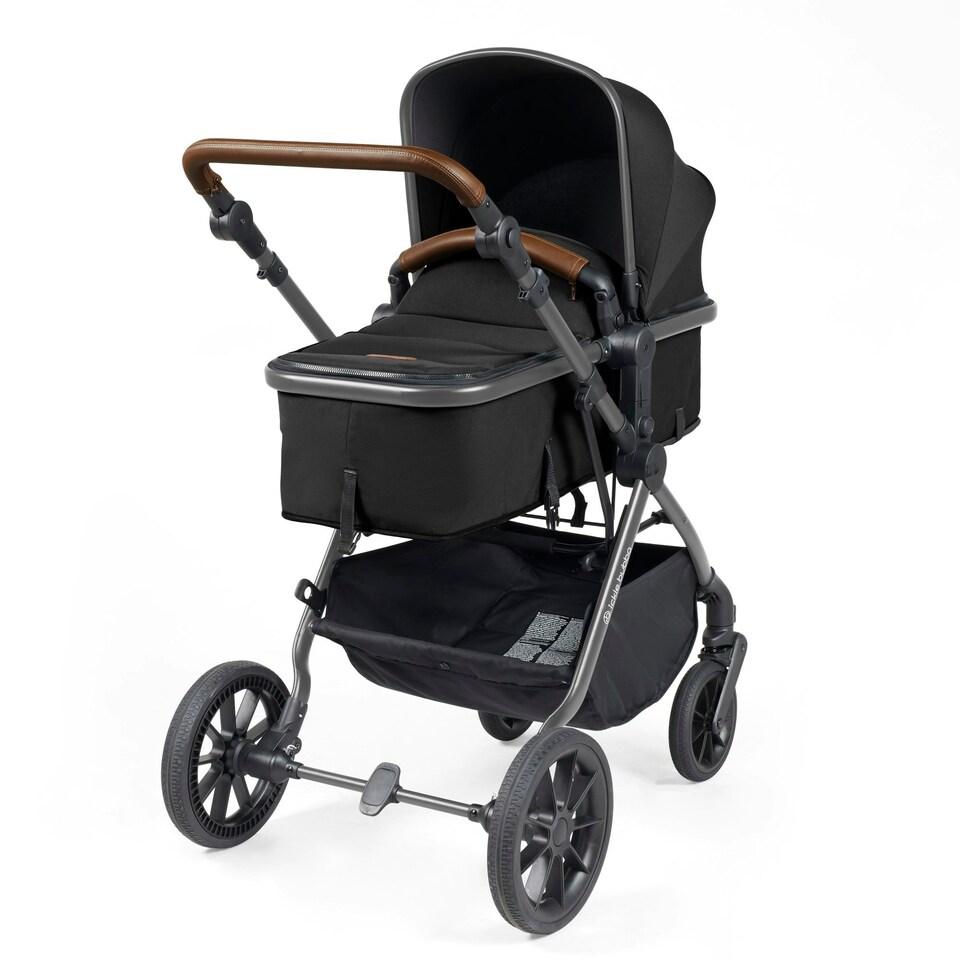 image 1 of Cosmo Travel System & Stratus (Black) - Birth to 22kg (Approx. 4 Years). Convertible Seat, UPF 50+ Hood, Footwarmer, Apron, Raincover, Changing Bag & Mat