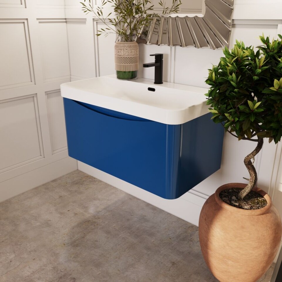 image 1 of Balterley Arch Modern Bathroom Wall Hung 1 Drawer Vanity Unit & Ceramic Basin | Blue | Satin Blue