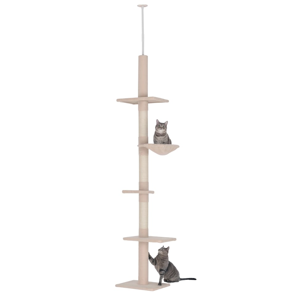 image 1 of PawHut Floor to Ceiling Cat Tree 5-Tier Climbing Tower Scratching Post Beige