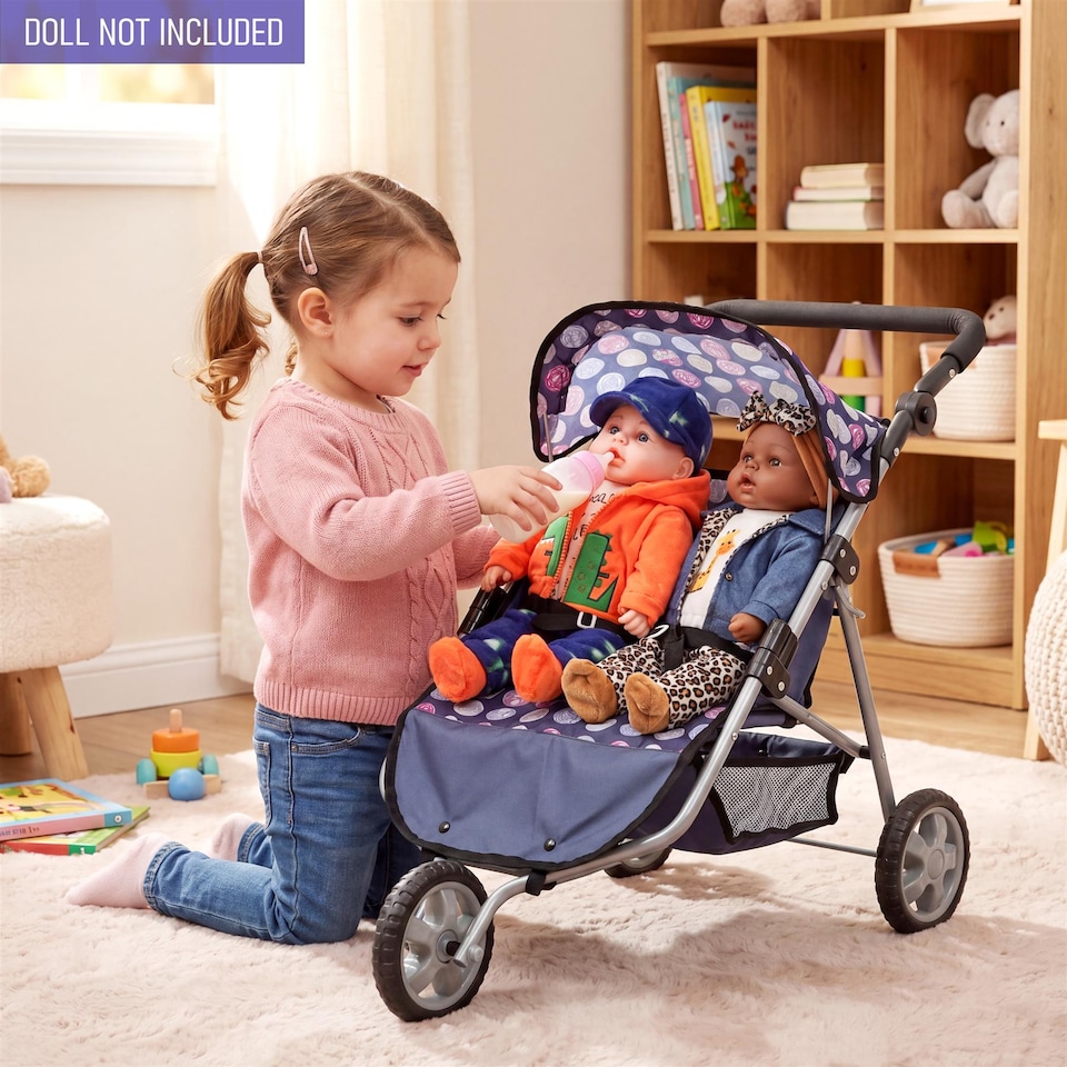 image 1 of BiBi Doll 3 Wheeler Twin Dolls Blue Pushchair Toy with Canopy & Basket For Up To 20" Dolls