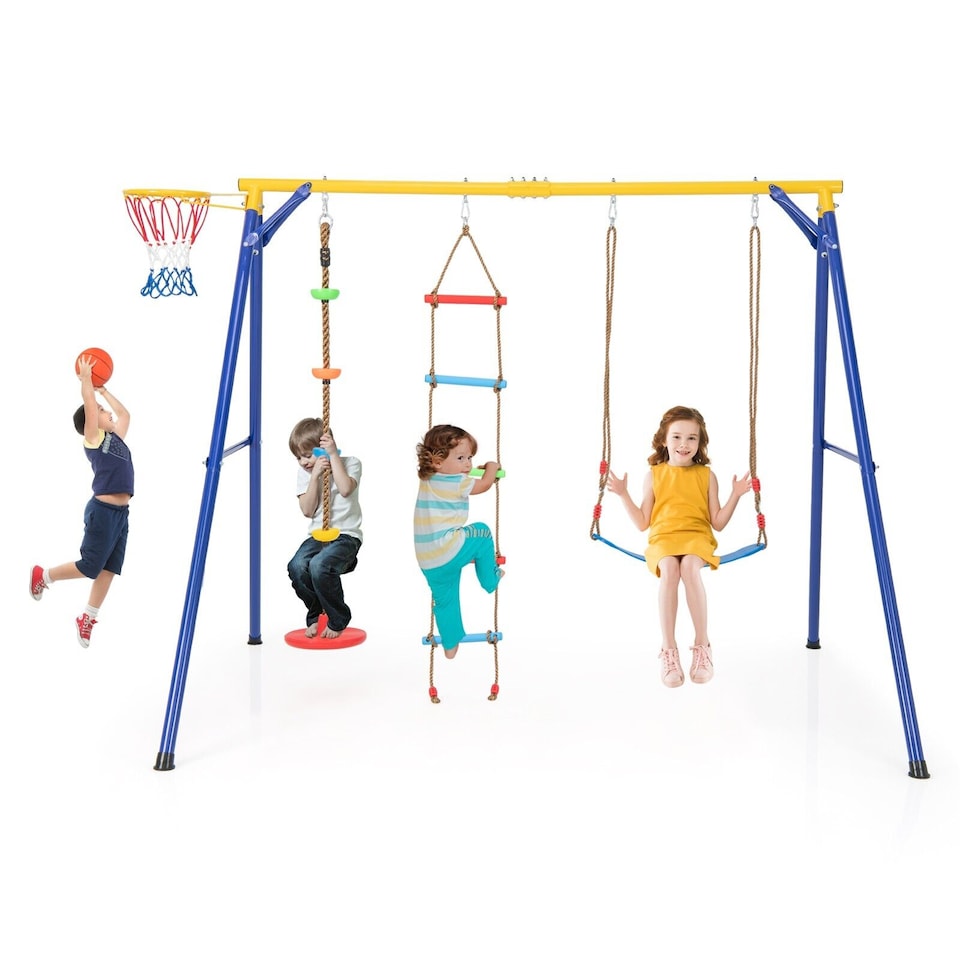 image 1 of COSTWAY 300 kg Heavy Duty Swing Set Backyard 4-in-1 Kids Swing Set Outdoor Playset
