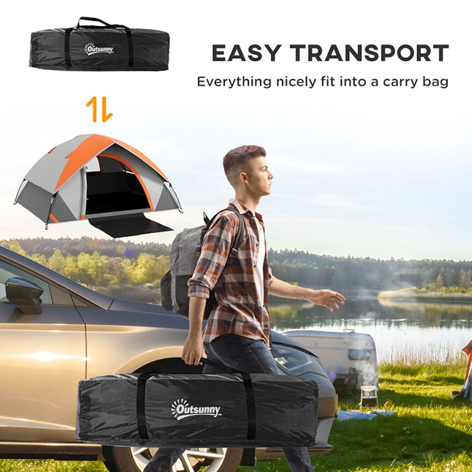 image 1 of Outsunny 2 Man Camping Tent w/ Sewn-in Groundsheet, 3000mm Waterproof, Orange | Orange | Grey and Orange