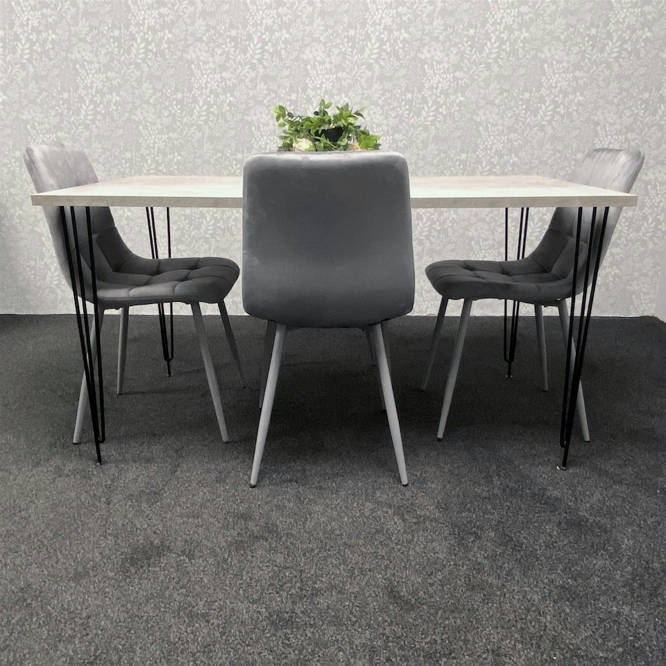 image 1 of Grey Dining Table with Hairpin Legs & 4 Grey Velvet Chairs Set for Kitchen & Dining Room Grey