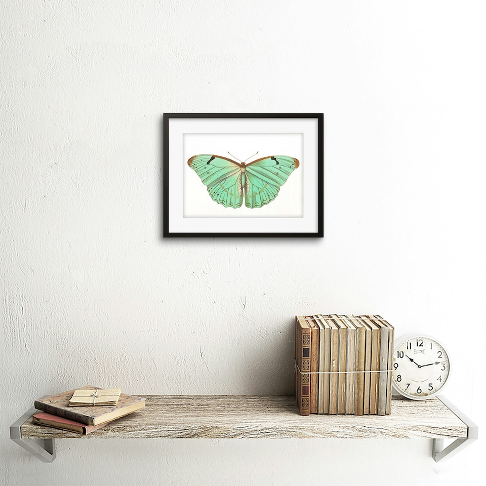 image 1 of Turquoise Butterfly Retro Vintage 9x7" Black Framed Wall Art Print