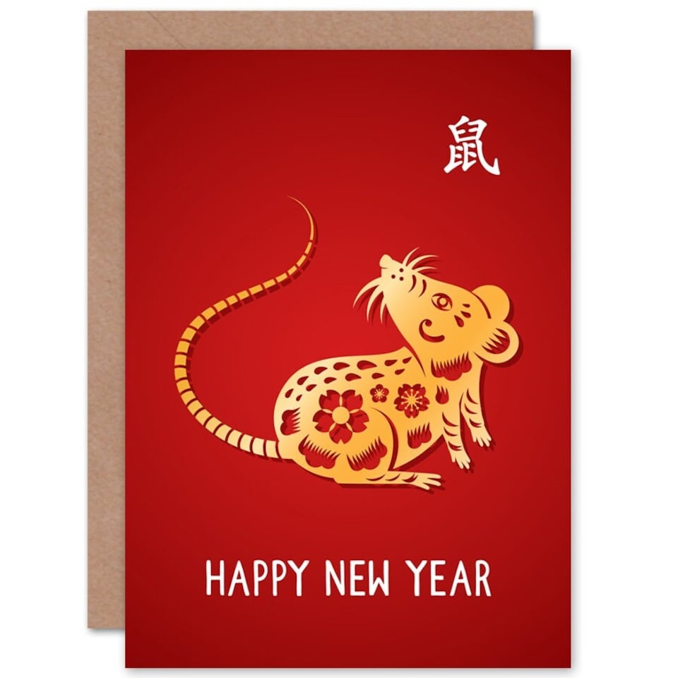image 1 of Lunar Calendar Year Of The Rat Gold Red Chinese New Year Card