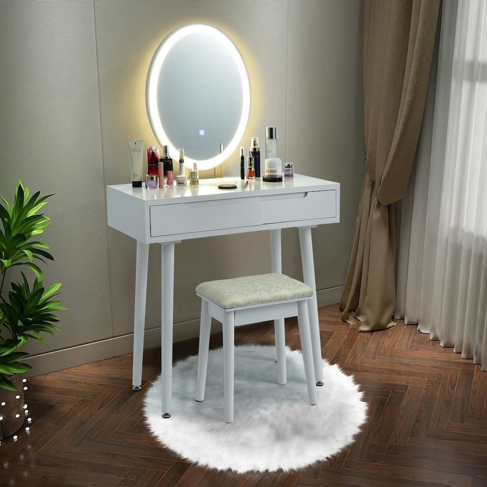 image 1 of COSTWAY Makeup Vanity Dressing Table Set with Lighted Mirror White