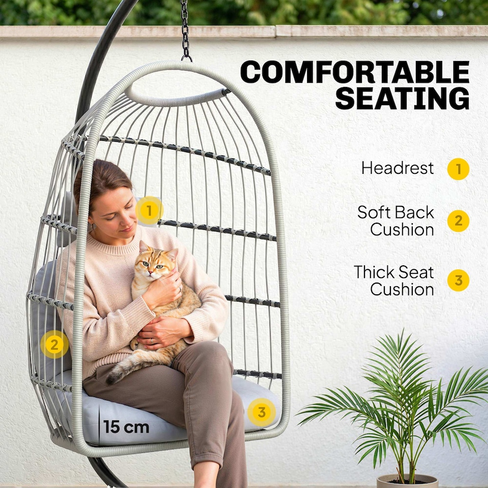 image 1 of Outsunny Hanging Egg Chair, Outdoor Swing Chair with Stand, Light Grey | Grey | Light Grey | One Size