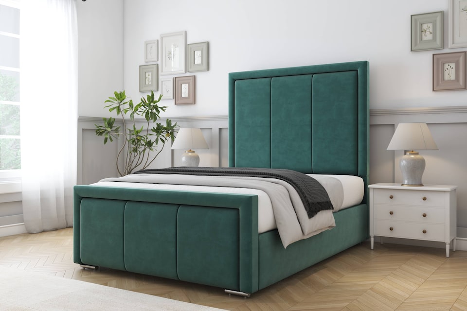 image 1 of Sloomy Lancaster Emerald Plush Bed Frame With Mattress With 50" Upholstered Headboard 4'6 Double