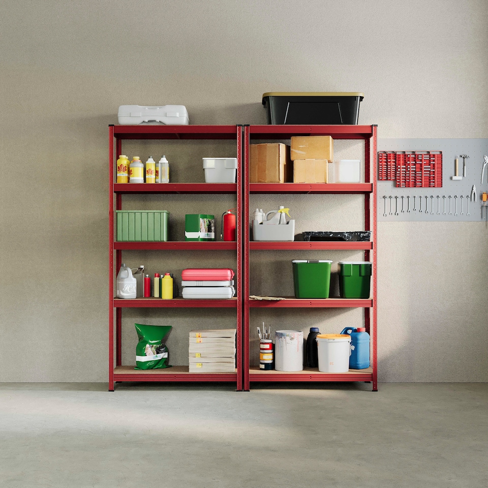 image 1 of Home Vida 5 Tier Large Heavy Duty Adjustable Steel Garage Shelving, Red - Holds 875kg - (Set of 2) | Red | Red | Large