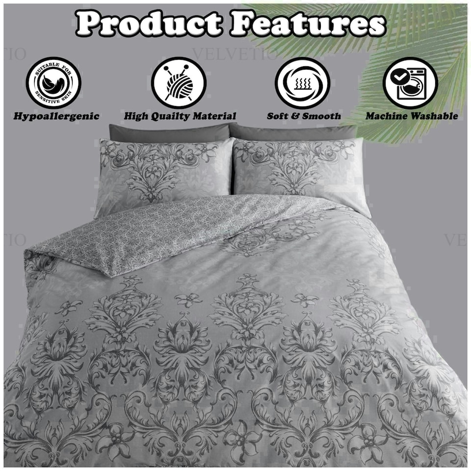 image 1 of VELVETIO Antoinette Printed Duvet Cover Set Reversible Polycotton Beddings Grey | Double